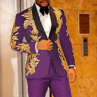 Men's Party Tuxedos Sparkle White Yellow Floral Print Standard Fit 2 Piece Single Breasted One-button