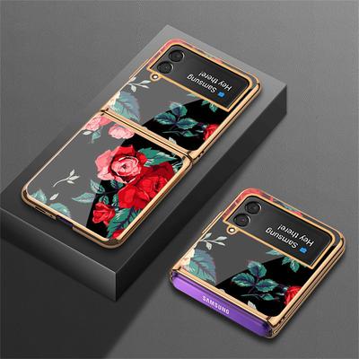 Phone Case For Samsung Galaxy Z Flip 5 Z Flip 4 Z Flip 3 Back Cover Flip Fashion Camera Lens Protector Flower Tempered Glass