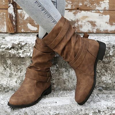 Women's Boots Slouchy Boots Plus Size Outdoor Daily Solid Color Mid Calf Boots Winter Chunky Heel Round Toe Elegant Casual Comfort PU Loafer Black Brown Grey