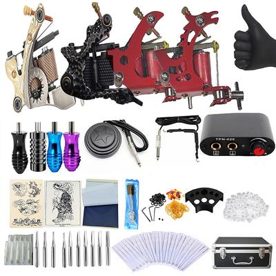 Complete Tattoo Set 4 Professional Machine Guns Power Supply Foot Pedal Needle Grip Prompt Suitcase