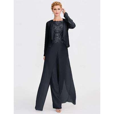 Beach Wedding Two Piece Jumpsuit / Pantsuit Mother of the Bride Formal Wedding Guest Elegant Wrap Included Bateau Neck Floor Length Chiffon 3/4 Length Sleeve with Appliques 2025