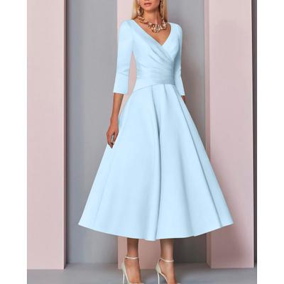 TS Beach Wedding A-Line Gold Dresses Mother of the Bride Dress Wedding Guest Elegant Vintage Plus Size V Neck Tea Length Satin 3/4 Length Sleeve with Pleats dress to impress 2025 free custom size