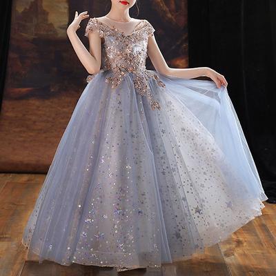 Kids Girls' Flower Girl Dress Party Dress Sequin Short Sleeve Performance Wedding Pegeant Sequins Elegant Sweet Cotton Maxi Party Dress A Line Dress Flower Girl's Dress Summer Spring 3-12 Years Blue