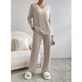 Women's T shirt Tee Pants Sets Solid Color Casual Daily Black Khaki Beige Long Sleeve Warm V Neck Regular Fit Fall Winter