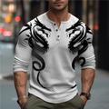 Dragon Power Mens Graphic Shirt Animal Fashion Designer Basic 3D Print Waffle Henley Casual Style Classic Outdoor Daily Tee Blue Green Khaki Long Dragons Tribal White Cotton