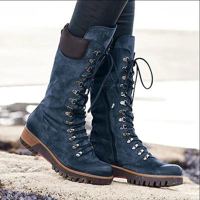 Women's Navy Suede Lace-Up Combat Boots with Side Zipper and Rugged Sole - Stylish High-Cut Boots for Winter and Outdoor Adventures