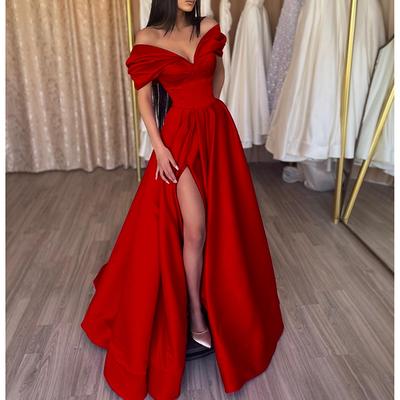 TS A-Line Evening Gown Sexy Dress Wedding Guest Prom Floor Length Short Sleeve Off Shoulder Satin with Slit Pure Color 2025