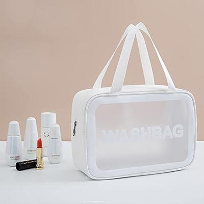 Pink Transparent Travel Wash Bag - Waterproof Makeup Organizer with Handle, Ideal for Toiletries and Cosmetic Storage