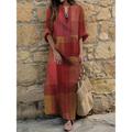 Women's Casual Dress A Line Dress Kaftan Dress Long Dress Maxi Dress Cotton Basic Mature Daily Vacation V Neck Loose Long Sleeve Summer Spring 2023 Regular Fit Blue Orange Brown Plaid S M L XL XXL