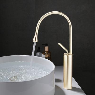 Bathroom Sink Mixer Faucet Brushed Gold Tall Deck Mounted, High Arc Vessel Tap Single Handle One Hole Standard Spout Wahsroom Basin Taps with Cold and Hot Water Hose