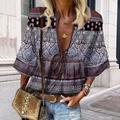 Women's Shirt Blouse Graphic Ethnic Casual Lace up Print Purple 3/4 Length Sleeve Fashion V Neck Spring Fall