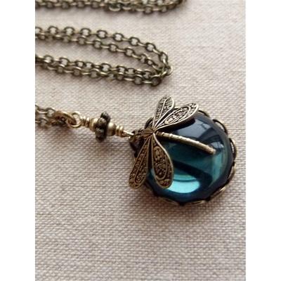 Women's Necklace 1pc Dragonfly Pendant Green Glass Cabochon Vintage Chain Bohemian Fashion Creative Outdoor Animal Necklaces