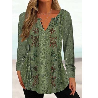 Women's Tunic Shirt Henley Shirt Blouse Tunic Basic Floral Buttons Print Long Sleeve Regular Tops Round Neck Casual Holiday Yellow Pink Green Gray Light Blue Spring Fall Prefall
