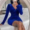 Women's Casual Dress Mini Dress Patchwork Frill Trim Date Elegant V Neck Long Sleeve Black Royal Blue Green Color