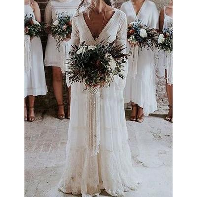 TS Beach Boho Wedding Dresses A-Line V Neck Long Sleeve Floor Length Lace Bridal Gowns With Lace 2025