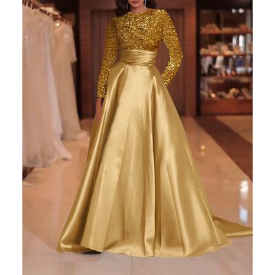 TS A-Line Sequin Evening Gown Elegant Dress Formal Cocktail Party Court Train Long Sleeve High Neck Fall Wedding Guest 2025