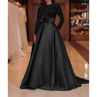 TS A-Line Sequin Evening Gown Elegant Dress Formal Cocktail Party Court Train Long Sleeve High Neck Fall Wedding Guest 2025