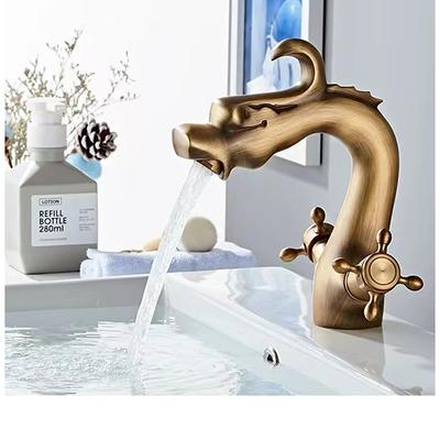 Bathroom Sink Faucet for Vessel, Novelty Loong Style Dragon Shape Mount Outsides Two Handle One Hole Tall Vessel Bath Taps in Antique Brass