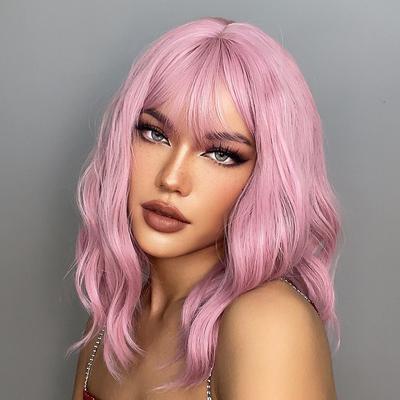 Pink Ombre Brown Auburn Wine Green Bob Wig with Bangs for African American Women 18inch Synthetic Curly Wigs Natural Scalp Daily Party Christmas Wigs