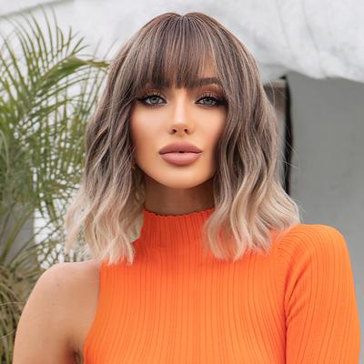 Pink Ombre Brown Auburn Wine Green Bob Wig with Bangs for African American Women 18inch Synthetic Curly Wigs Natural Scalp Daily Party Christmas Wigs