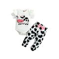 FOCUSNORM Newborn Infant Baby Girl Clothes Cow Ribbed Knit Short Sleeve Romper Tops Cow Print Pants Outfits