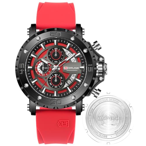 BORUSE Mens Military Watch Chronograph Waterproof Male Quartz Watches Fashion Silicon Strap Sport Luminous Analog Calendar Business Wrist Watches for Men, Red, Outdoor sports