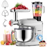 6 IN 1 Multifunctional Electric Kitchen Mixer with 6.5QT Stainless Steel Bowl, 1.5L Glass Jar, Meat Grinder, Dough Hook
