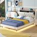 Full/Twin Size Upholstery Platform Bed Frame with LED Light Strips,Headboard Storage Space and Two USB Charging
