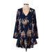 Free Press Casual Dress - Mini Plunge Long sleeves: Blue Print Dresses - New - Women's Size X-Small