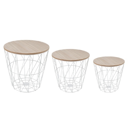 Lex Beistelltisch Set 3tlg Drahtkorb Stauraum Metallkorb weiß Platte Holz- hellbraun : Hell Image