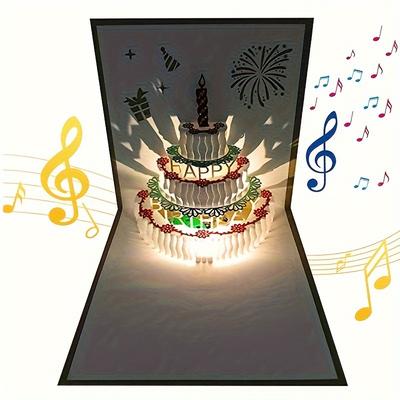 1pc 3d Birthday Cards, Warming Led Light Birthday Cake Music Happy Birthday Card Postcards, Greeting Cards Laser Cut Happy Birthday Cards, Musical Birthday Cards Best For Mom, Wife, Sister