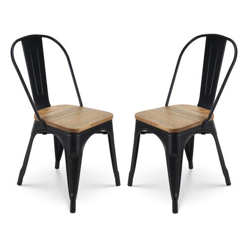 Lot de 2 chaises en métal noir mat et assise en bois clair - Style Industriel - Kosmi