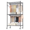 3 tier Double Rod Garment Rack/Clothes Rail with Height-Adjustable Shelves,Clothes Rack with 2 Hooks, Clothes Rails with Wheels, 60 * 42 * 205cm, Black