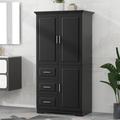 Winston Porter Troutville Freestanding Linen Storage Cabinet w/ Doors for Bathroom/Office Manufactured Wood in Black | Wayfair