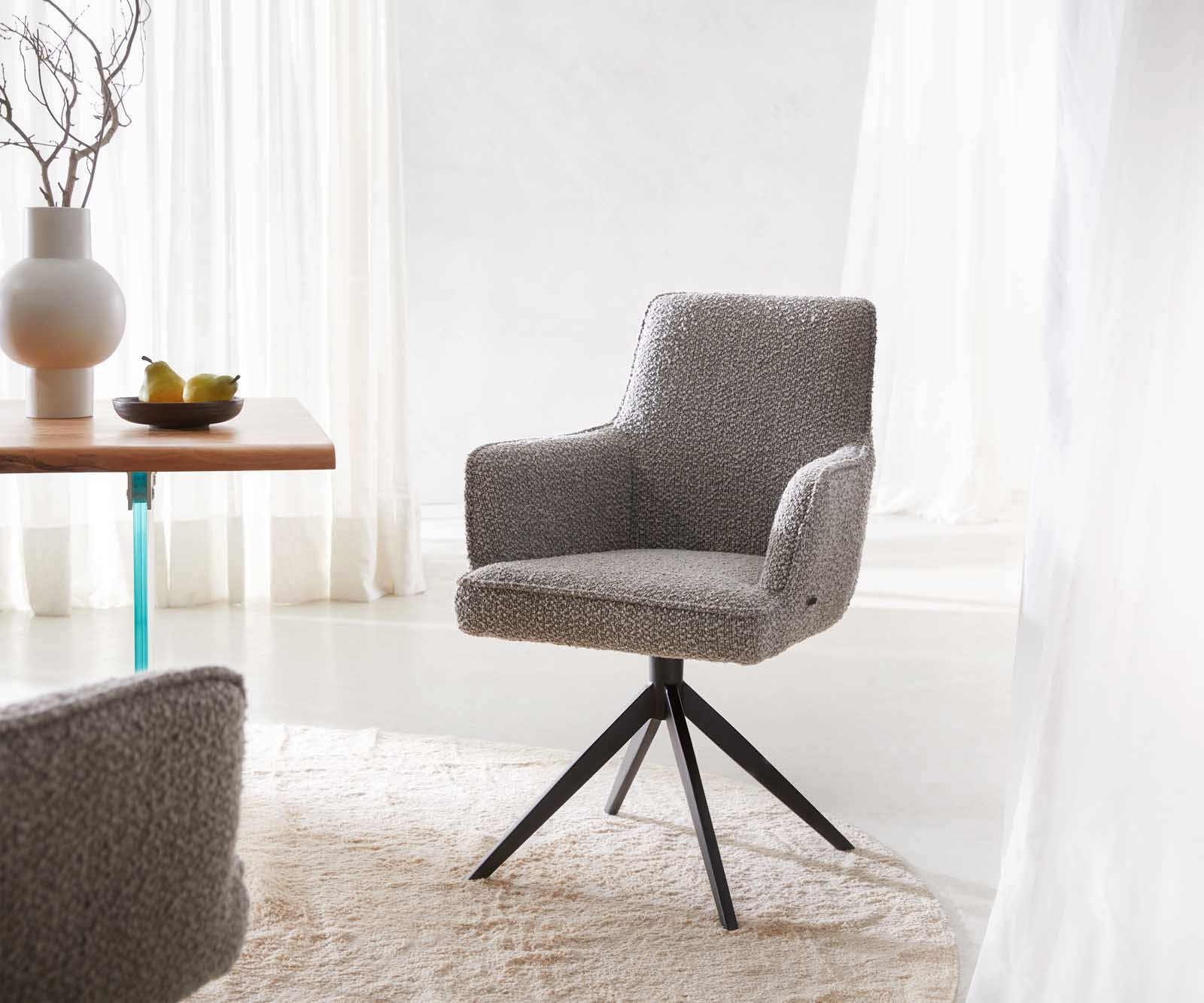 DELIFE Drehstuhl Heira-Flex mit Armlehnen Bouclé Silbergrau Kreuzgestell breit Schwarz 360° drehbar Taschenfederkern, Esszimmerstühle Image