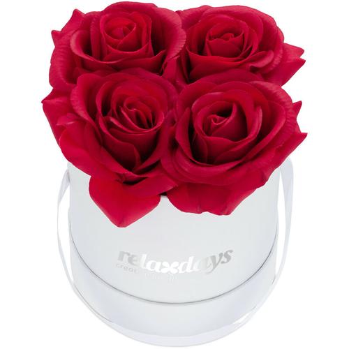 Rosenbox rund, 4 Rosen, stabile Flowerbox weiß, lange Haltbarkeit, Geschenkidee, dekorative