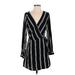 Xhilaration Casual Dress - Wrap Plunge Long sleeves: Black Stripes Dresses - Women's Size Small