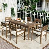 7 Piece Patio Furniture Set Patio Dining Set with Movable Cushions Rectangle Acacia Wood Dining Table with 6 Wood Dining Chairs Outdoor Wooden Dining Set for Backyard Porch Lawn Garden