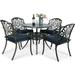 VIVIJASON 5-Piece Outdoor Patio Dining Set All-Weather Cast Aluminum Conversation Set Patio Furniture Set Include 4 Cushioned Chairs a 35.4 inch Round Table w/Umbrella Hole Navy Blue Cushion