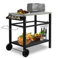 SYTHERS Portable Outdoor Grill Table Metal Grill Cart with Hooks & Beer Opener & Spice Rack Rolling Dining Table for Patio Kitchen Garden Black