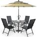 & William Outdoor 6 Pieces Dining Set with 4 Rattan Chairs 1 Metal Table and 1 10ft 3 Tier Auto-tilt Umbrella(No Base) Orange Red Modern Patio Furniture for Poolside Porch Patio