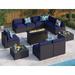 8 Pieces Patio Furniture Set with 45 Plate Embossing Propane Fire Table Outdoor PE Rattan Sectional Sofa Set Patio Gas Fire Pit Conversation Set with Blue Cushions & Glass Table