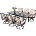 & William Patio Table and Chairs with 10ft 3 Tier Auto-tilt Beige Umbrella 6 Piece Outdoor Table Furniture Set with 4 Padded Swivel Rocker Dining Chairs 1 Square Metal Table and 1 U