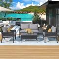 Outdoor Rope Wicker Furniture Set Modern Luxury 4-Piece Conversation Set with Thick Cushion Loveseat and Table Sectional PE Rattan Conversation Sofa Set for Backyard Porch Balcony Grey