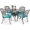 VIVIJASON 5-Piece Outdoor Patio Dining Set All-Weather Cast Aluminum Conversation Set Patio Furniture Set Include 4 Cushioned Chairs a 35.4 Square Table w/Umbrella Hole Ocean Blue Cushion