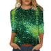 Uuszgmr Spring Tops For Women 2024 Ladies Round Neck T Shirt With Shiny Bright Print Comfortable Three Quarter Sleeve Casual Toptops Dressy Casual Green Size:S