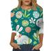 Uuszgmr Spring Tops For Women 2024 Easter Bunny Casual Print Crew Neck Loose 3/4 Sleeve Three Quarter Sleeve T Shirt Toptops Dressy Casual Green Size:Xl