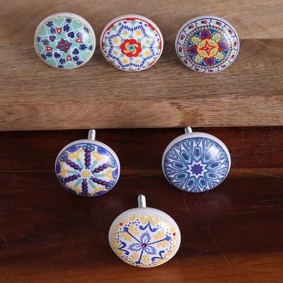 'Set of 6 Ceramic Knobs Hand-Painted in Moroccan Tile-Style'