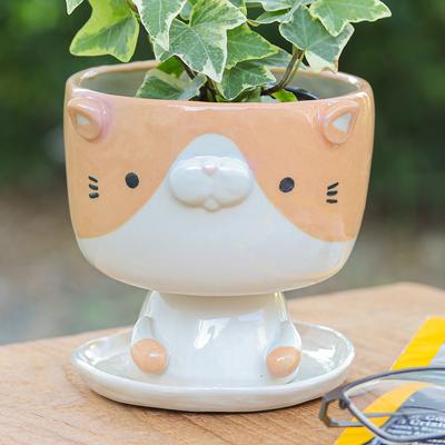 'Cat-Shaped Ivory Orange Ceramic Mini Flower Pot with Saucer'