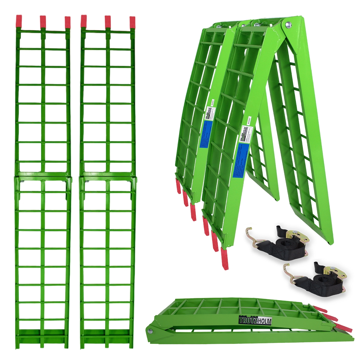 Baumarktplus TRUTZHOLM 2 x Auffahrrampe klappbar 180 cm Traglast 680 kg Alu grün geriffelte Einzelstäbe Verladerampe Image